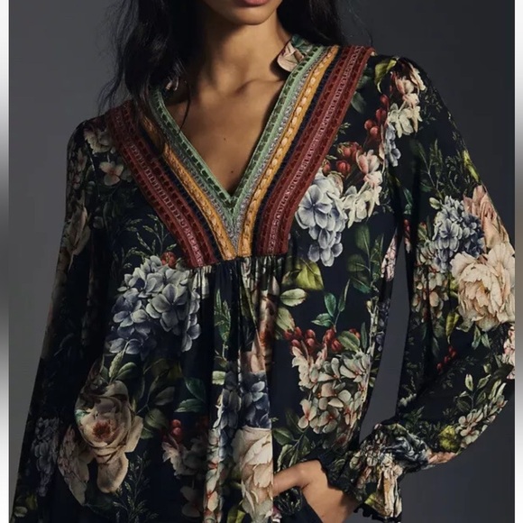 Anthropologie Tops - Bl^nk London x Anthropologie STEPHANIE XS Blue Green Floral V-Neck Long Sleeve
